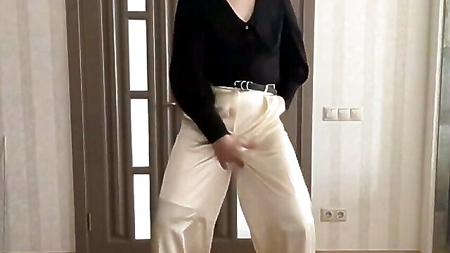 Legging dance, transvestite and female, high heels strips, trousers clothed, cuckold cum play