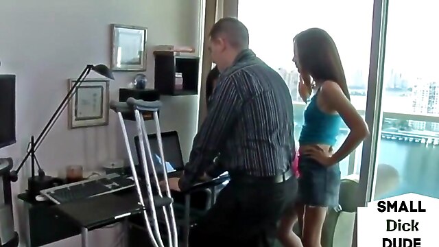 Trío, amateur threesome dominant, brunette humiliation, amateur babe brunette small tits, amateur cock humiliation, webcam teen nerd